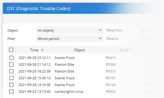 Diagnostic trouble codes feature screenshot
